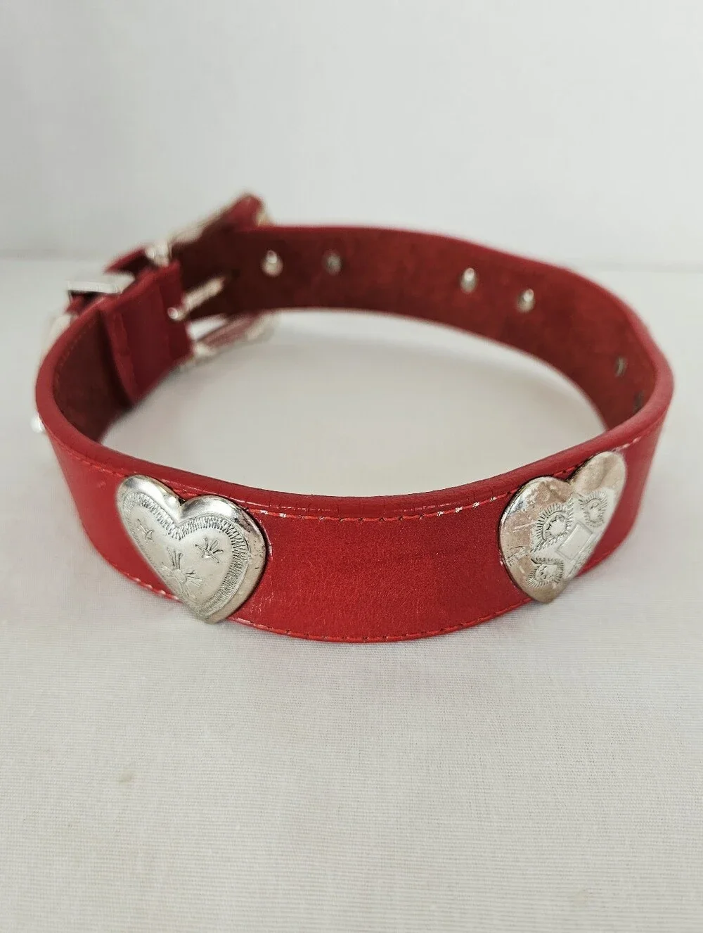 Brighton Red Leather Heart Studded Dog Collar Silver Plated Small 21